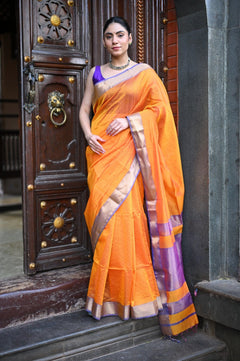 Tarang ~ Handloom Cotton Silk Ari Checks Sleek Designer Border in Orange & Purple - verymuchindian.com