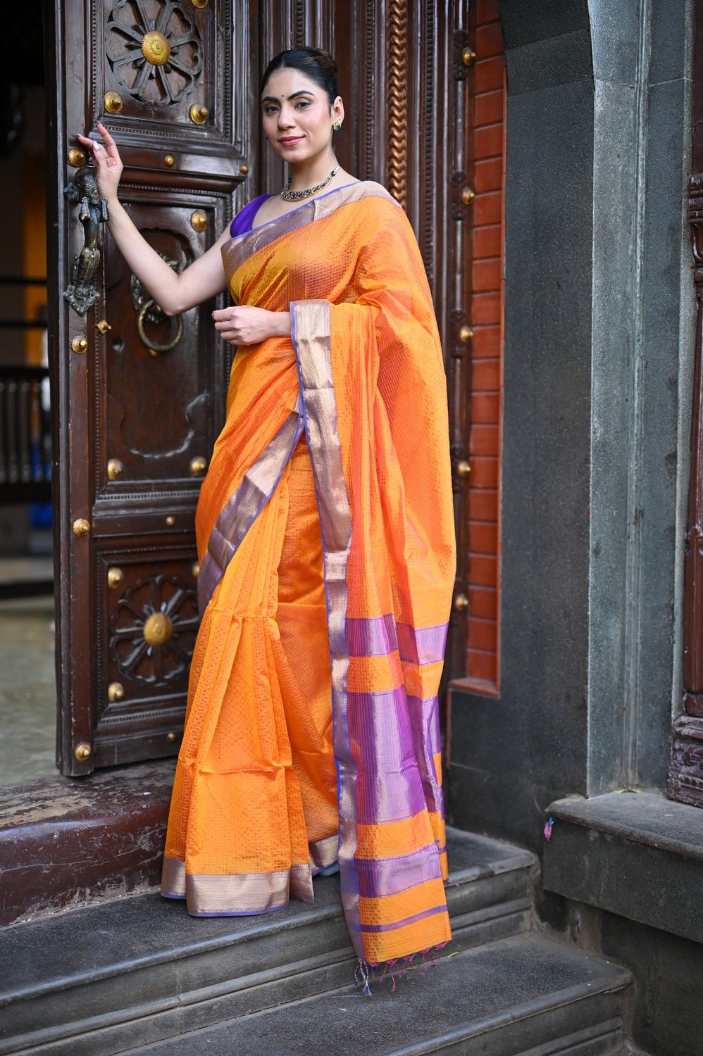 Tarang ~ Handloom Cotton Silk Ari Checks Sleek Designer Border in Orange & Purple - verymuchindian.com