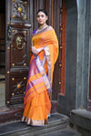 Tarang ~ Handloom Cotton Silk Ari Checks Sleek Designer Border in Orange & Purple - verymuchindian.com
