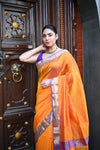 Tarang ~ Handloom Cotton Silk Ari Checks Sleek Designer Border in Orange & Purple - verymuchindian.com