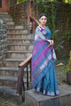 Tarang ~ Handloom Cotton Silk Checks Sleek Designer Border in Copper Blue - verymuchindian.com