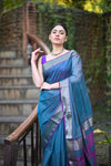 Tarang ~ Handloom Cotton Silk Checks Sleek Designer Border in Copper Blue - verymuchindian.com