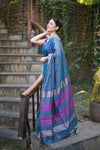 Tarang ~ Handloom Cotton Silk Checks Sleek Designer Border in Copper Blue - verymuchindian.com
