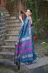 Tarang ~ Handloom Cotton Silk Checks Sleek Designer Border in Copper Blue - verymuchindian.com