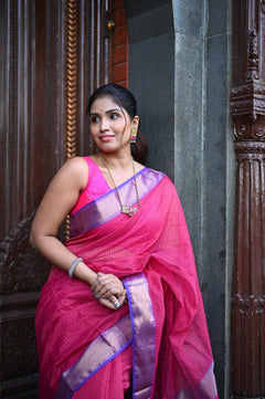 Tarang ~ Handloom Cotton Silk Checks Sleek Designer Border in Majestic Pink & Purple - verymuchindian.com