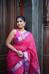 Tarang ~ Handloom Cotton Silk Checks Sleek Designer Border in Majestic Pink & Purple - verymuchindian.com