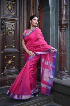 Tarang ~ Handloom Cotton Silk Checks Sleek Designer Border in Majestic Pink & Purple - verymuchindian.com