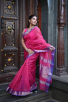 Tarang ~ Handloom Cotton Silk Checks Sleek Designer Border in Majestic Pink & Purple - verymuchindian.com