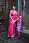 Tarang ~ Handloom Cotton Silk Checks Sleek Designer Border in Majestic Pink & Purple - verymuchindian.com
