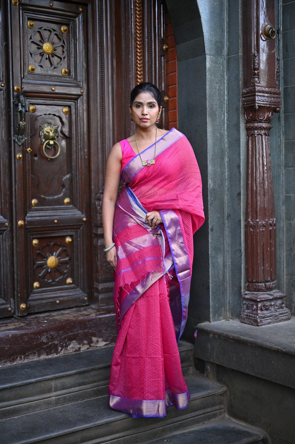 Tarang ~ Handloom Cotton Silk Checks Sleek Designer Border in Majestic Pink & Purple - verymuchindian.com