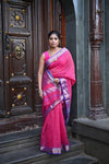 Tarang ~ Handloom Cotton Silk Checks Sleek Designer Border in Majestic Pink & Purple - verymuchindian.com