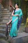 Tarang ~ Handloom Cotton Silk Checks Sleek Designer Border in Sea Blue & Marine Blue - verymuchindian.com
