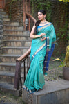 Tarang ~ Handloom Cotton Silk Checks Sleek Designer Border in Sea Blue & Marine Blue - verymuchindian.com