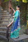Tarang ~ Handloom Cotton Silk Checks Sleek Designer Border in Sea Blue & Marine Blue - verymuchindian.com