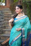 Tarang ~ Handloom Cotton Silk Checks Sleek Designer Border in Sea Blue & Marine Blue - verymuchindian.com