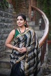 Tarang ~ Handloom Cotton Silk Linear Stripes Sleek Designer Border in Black & Grey Gold - verymuchindian.com