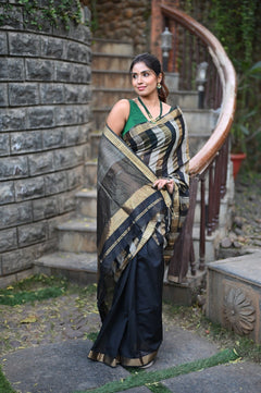 Tarang ~ Handloom Cotton Silk Linear Stripes Sleek Designer Border in Black & Grey Gold - verymuchindian.com