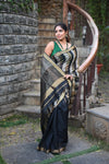 Tarang ~ Handloom Cotton Silk Linear Stripes Sleek Designer Border in Black & Grey Gold - verymuchindian.com