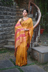 Tarang ~ Handloom Cotton Silk Linear Stripes Sleek Designer Border in Mustard Yellow & Pink - verymuchindian.com