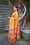 Tarang ~ Handloom Cotton Silk Linear Stripes Sleek Designer Border in Mustard Yellow & Pink - verymuchindian.com