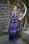 Tarang ~ Handloom Cotton Silk Linear Stripes Sleek Designer Border in Royal Blue - verymuchindian.com
