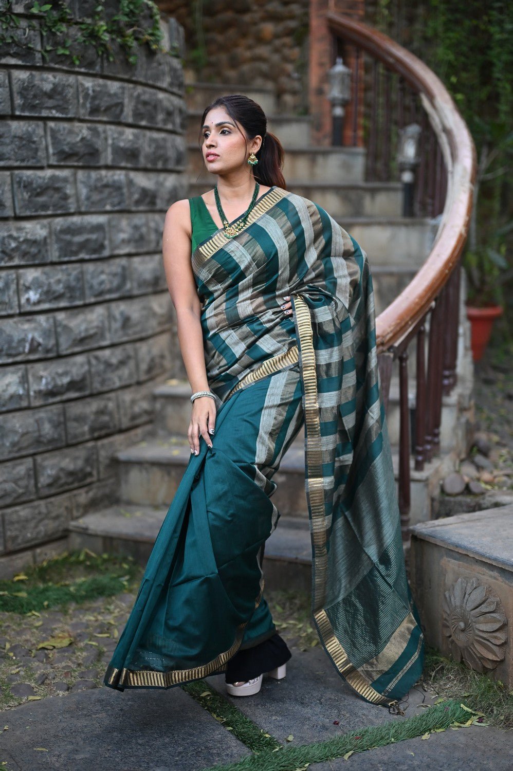 Tarang ~ Handloom Cotton Silk Linear Stripes Sleek Designer Border in Teal Blue & Silver - verymuchindian.com