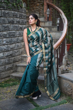 Tarang ~ Handloom Cotton Silk Linear Stripes Sleek Designer Border in Teal Blue & Silver - verymuchindian.com