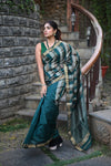 Tarang ~ Handloom Cotton Silk Linear Stripes Sleek Designer Border in Teal Blue & Silver - verymuchindian.com