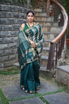 Tarang ~ Handloom Cotton Silk Linear Stripes Sleek Designer Border in Teal Blue & Silver - verymuchindian.com