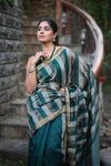Tarang ~ Handloom Cotton Silk Linear Stripes Sleek Designer Border in Teal Blue & Silver - verymuchindian.com