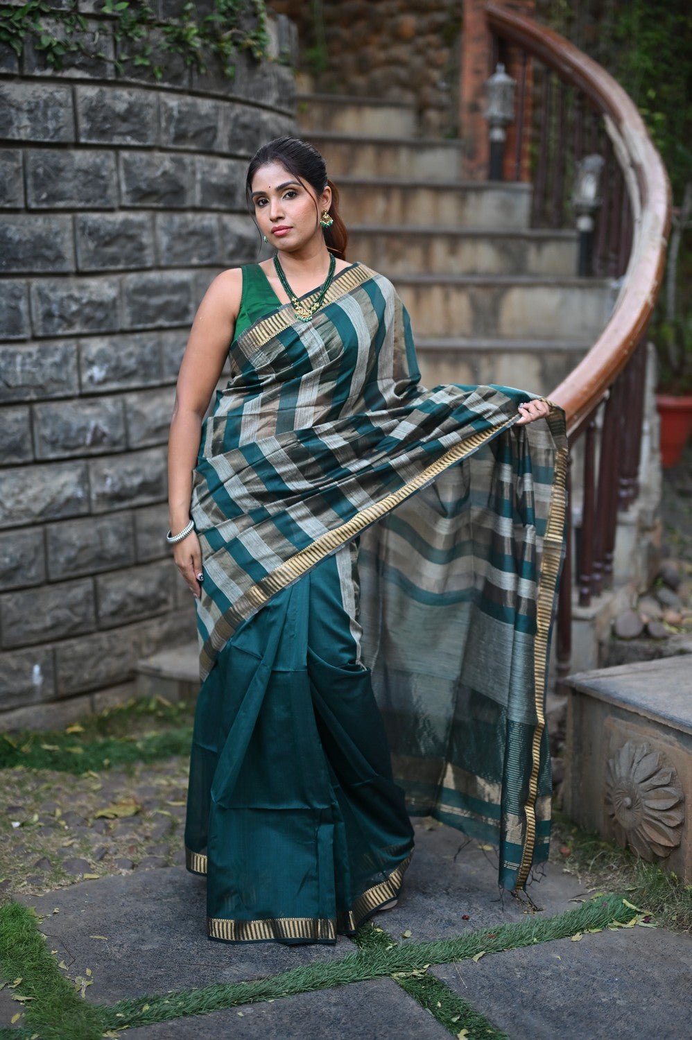 Tarang ~ Handloom Cotton Silk Linear Stripes Sleek Designer Border in Teal Blue & Silver - verymuchindian.com