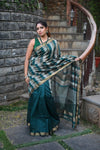 Tarang ~ Handloom Cotton Silk Linear Stripes Sleek Designer Border in Teal Blue & Silver - verymuchindian.com
