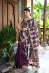 Tarang ~ Handloom Cotton Silk Linear Stripes with Sleek Designer Border in Purple Gold - verymuchindian.com