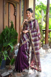 Tarang ~ Handloom Cotton Silk Linear Stripes with Sleek Designer Border in Purple Gold - verymuchindian.com