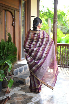 Tarang ~ Handloom Cotton Silk Linear Stripes with Sleek Designer Border in Purple Gold - verymuchindian.com