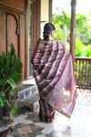 Tarang ~ Handloom Cotton Silk Linear Stripes with Sleek Designer Border in Purple Gold - verymuchindian.com