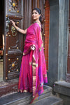 Tarang ~ Handloom Cotton Silk Saree with Gold Border in Exclusive Pink with Rainbow Shein - verymuchindian.com