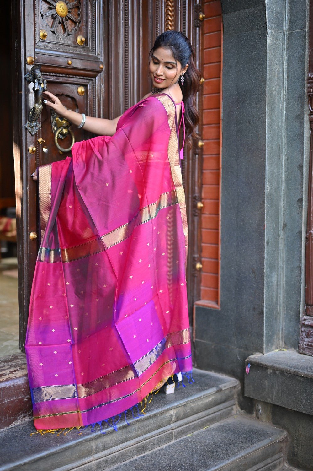 Tarang ~ Handloom Cotton Silk Saree with Gold Border in Exclusive Pink with Rainbow Shein - verymuchindian.com