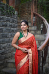 Tarang ~ Handloom Cotton Silk Sleek Designer Border in Besteller Orange Red - verymuchindian.com