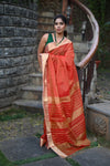 Tarang ~ Handloom Cotton Silk Sleek Designer Border in Besteller Orange Red - verymuchindian.com