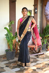 Tarang ~ Handloom Cotton Silk Sleek Designer Border in Black & Pink - verymuchindian.com