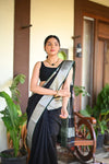Tarang ~ Handloom Cotton Silk Sleek Designer Border in Black with Silver - verymuchindian.com