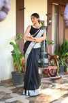 Tarang ~ Handloom Cotton Silk Sleek Designer Border in Black with Silver - verymuchindian.com