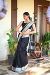 Tarang ~ Handloom Cotton Silk Sleek Designer Border in Black with Silver - verymuchindian.com