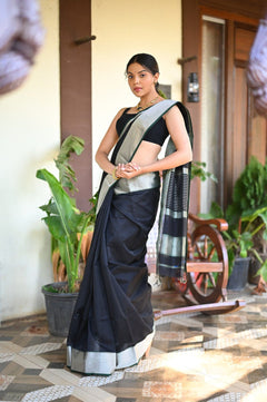 Tarang ~ Handloom Cotton Silk Sleek Designer Border in Black with Silver - verymuchindian.com
