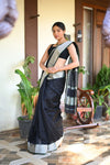 Tarang ~ Handloom Cotton Silk Sleek Designer Border in Black with Silver - verymuchindian.com