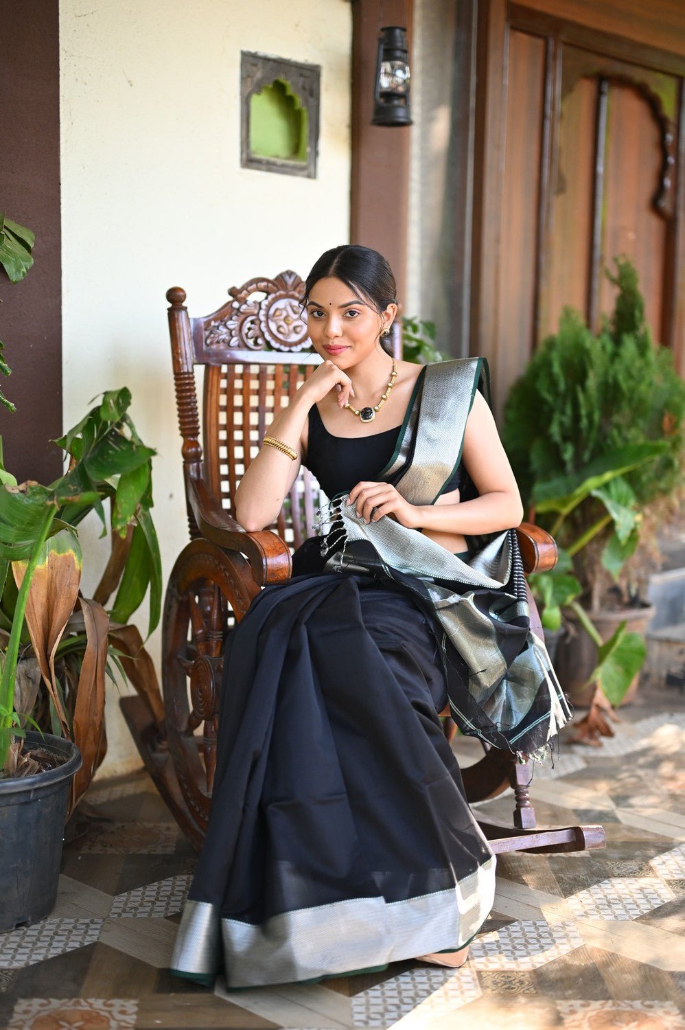 Tarang ~ Handloom Cotton Silk Sleek Designer Border in Black with Silver - verymuchindian.com