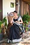 Tarang ~ Handloom Cotton Silk Sleek Designer Border in Black with Silver - verymuchindian.com