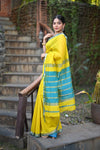 Tarang ~ Handloom Cotton Silk Sleek Designer Border in Bright Yellow & Blue - verymuchindian.com