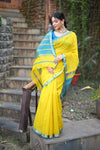 Tarang ~ Handloom Cotton Silk Sleek Designer Border in Bright Yellow & Blue - verymuchindian.com